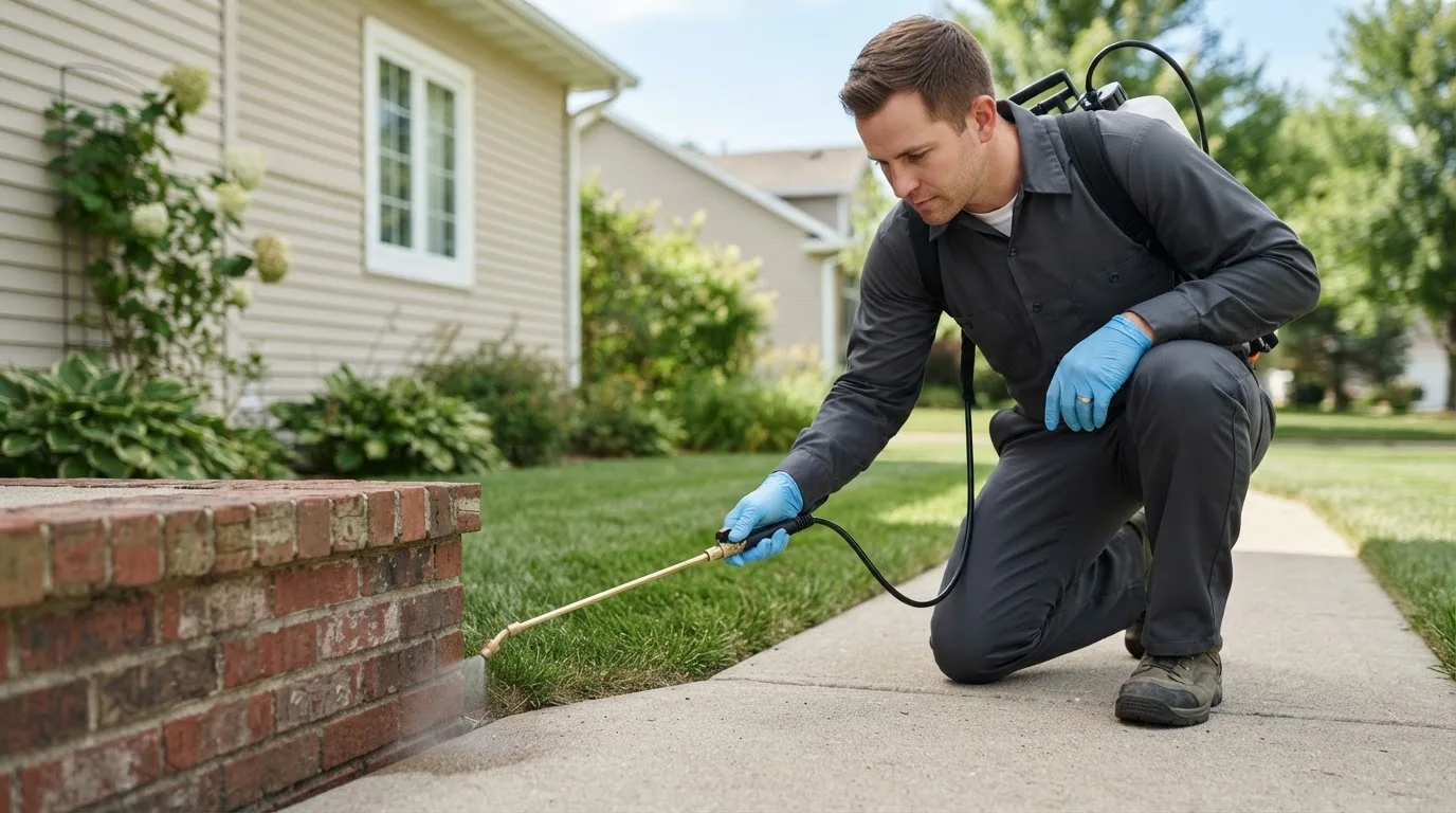 Pest control technician treating a home near Sedalia, CO